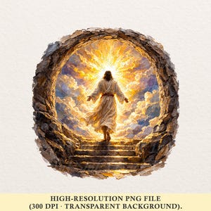 May include: A digital illustration depicts a figure in a white robe emerging from a stone structure, bathed in golden light. The figure is walking down stone steps, arms outstretched. The background features a bright, cloudy sky.