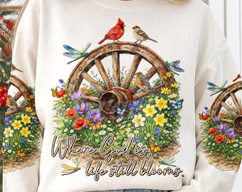 Christian Wagon Wheel Floral PNG, Where God Is Life bloeit nog steeds (digitale download)