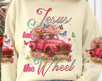 Jesus Take the Wheel PNG Set, Pink Vintage Truck Christian Clipart, Floral Faith Design