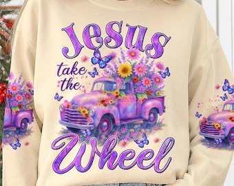 Jesus Take the Wheel, png, paars holografisch vrachtwagenbloemdessin, christelijk shirt, png