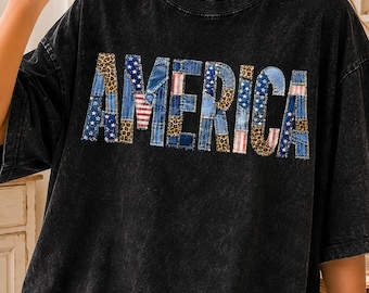 America patchwork png, denim vlagletters, patriottisch luipaardontwerp, sublimatiedownload VS