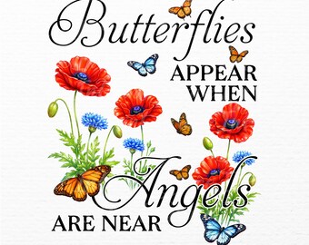 Vlinders verschijnen als engelen in de buurt van Poppy PNG Memorial Quote Floral Clipart