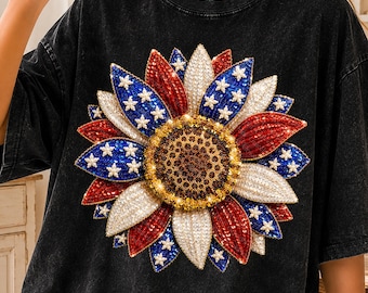 Patriottische zonnebloem, png, Amerikaanse bloemsierkunst, vlag met pailletten, glittersublimatie