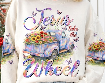 Jesus Take the Wheel png-set, hologram vintage vrachtwagen christelijke kunst, bloemdessin van geloof