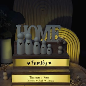 Könnte beinhalten: Ein Holzschild mit dem Wort "HOME" oben. Darunter stehen fünf Holzpuppen mit Herzdetails auf einem Holzregal. Das Schild trägt das Wort "Family" und Namen, mit einem warmen, leuchtenden Licht.