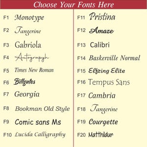 May include: A beige graphic with a maroon header that reads "Choose Your Fonts Here." The image displays a list of 20 font styles, each with a corresponding number and font name, such as "Monotype" and "Tangerine."