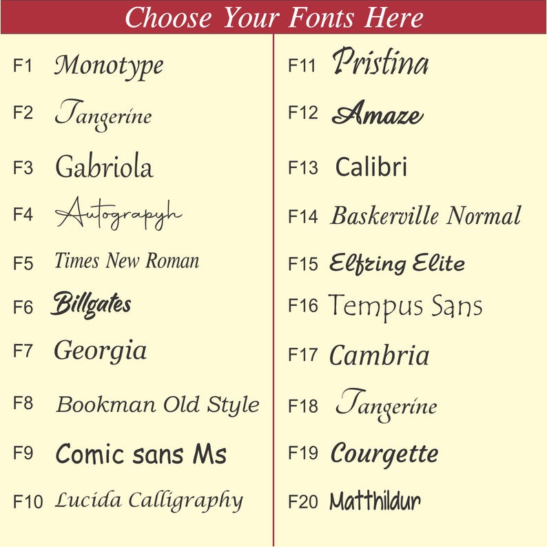 May include: A beige graphic with a maroon header that reads "Choose Your Fonts Here." The image displays a list of 20 font styles, each with a corresponding number and font name, such as "Monotype" and "Tangerine."