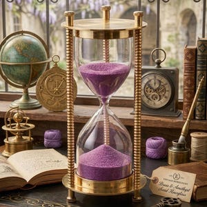 May include: An hourglass with a polished brass frame featuring ribbed vertical supports and a circular top and base. The clear glass chambers contain fine purple sand. A paper tag attached to the base reads: Vintage Horologist Brass & Amethyst Sand Hourglass.