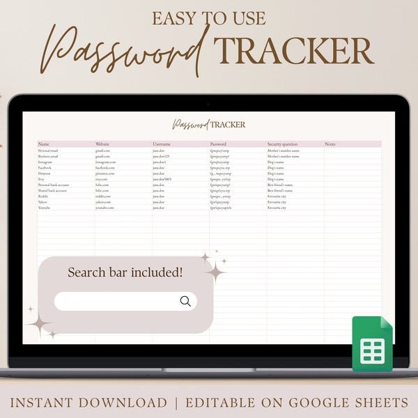 Password Tracker on Google Sheets, Username Details, Password Reminder, Passcode Recovery, Accounts Log, Login Template, Password Manager