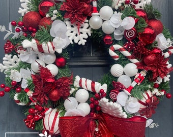 Candi, Luxury large christmas wreath, candy cane wreath, nutcracker wreath, red and white wreath, candy christmas wreath, xmas bauble wreath