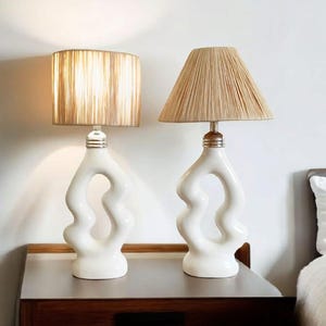 Handmade Ceramic Table Lamp with Raffia Lampshade | Moroccan Bedside Lamp | Modern Boho Glazed Table Lamp | Unique Home Decor Gift , Foyer