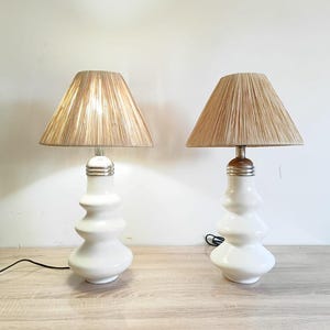 Handmade Ceramic Table Lamp with Raffia Lampshade | Moroccan Boho Bedside Lamp | Minimalist Glazed Table Lamp for Bedroom Decor , Foyer Gift