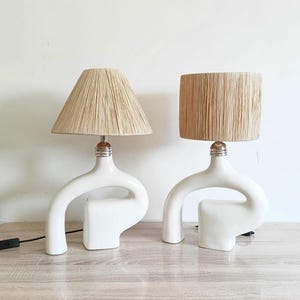 Handmade Ceramic Table Lamp with Raffia Shade | Boho Modern Bedside Lamp | Minimalist Moroccan Lamp | Unique Home Decor Gift , Foyer
