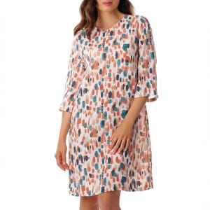 May include: A knee-length dress with a scoop neckline and three-quarter sleeves. The dress has a white background with a pattern of teal, orange, and brown brushstrokes. The dress is made of a lightweight fabric, suitable for warmer weather.