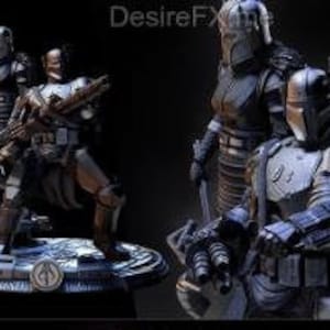 May include: Two detailed action figures of armoured characters from a science fiction franchise. The figures are posed in a dynamic stance, holding weapons and standing on a circular base. The figures are painted in a dark grey and silver colour scheme.