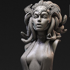 May include: A gray bust of Medusa, a mythological figure, with snakes for hair and a detailed headpiece. The sculpture features a detailed depiction of her face, neck, and upper chest, mounted on a square pedestal. The bust is a detailed representation of the Gorgon.