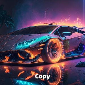 Lamborghini AI Printable, AI Generated Car Art Print, Lamborghini Wall Art, Luxury Car Wall Art, Neon Car Printable, Sport Car Digital Print