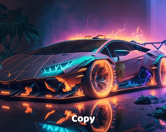 Lamborghini AI Printable, AI Generated Car Art Print, Lamborghini Wall Art, Luxury Car Wall Art, Neon Car Printable, Sport Car Digital Print