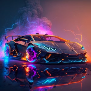Pode incluir: Um carro esportivo preto futurista com detalhes em neon azul, laranja e roxo. O carro tem um spoiler e é refletido em uma superfície molhada. O fundo apresenta uma nuvem e raios.