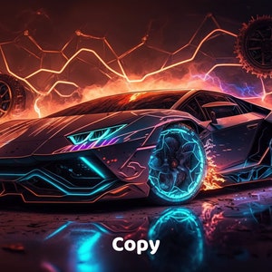 Lamborghini AI Printable, AI Generated Car Art Print, Lamborghini Wall Art, Luxury Car Wall Art, Neon Car Printable, Sport Car Digital Print