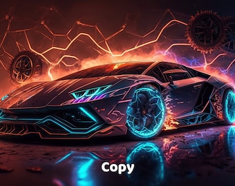 Lamborghini AI Printable, AI Generated Car Art Print, Lamborghini Wall Art, Luxury Car Wall Art, Neon Car Printable, Sport Car Digital Print
