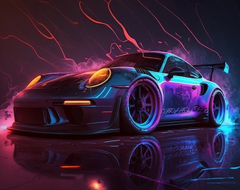 Porsche - neon color - Digital Art Gift - Digital Download Art - Custom AI Art- Poster - Gift-digital poster print - Cars digital poster