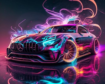 Mercedes AI Printable, AI Generated Car Art Print, Mercedes Wall Art, Luxury Car Wall Art, Neon Car Printable, Sport Car Digital Print