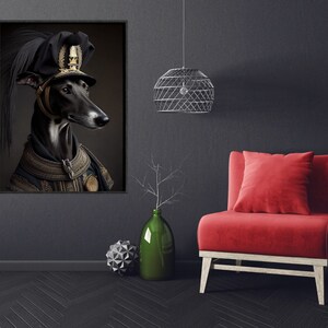 Portrait of a Black Spanish Greyhound as an Antique Military Officer | Portrait of a black spanish greyhound dressed as a classic military