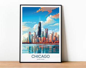 Chicago Travel Print Poster | Illinois Travel Posters | Chicago Wall Art | Wedding Gift | Home Decor | USA Travel Print