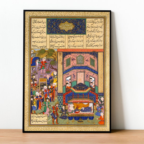 Art mural miniature traditionnel persan | Les Iraniens pleurent Farud et Jarira : Shahnama (Livre des Rois) | Impression lustré haut de gamme