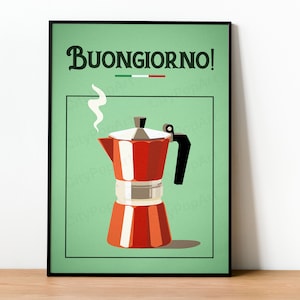 Moka Pot Wall Art | Italian Coffee Print | Espresso Poster | Buongiorno Good Morning | Birthday Gift | Retro Kitchen | Bialetti Red Moka Pot