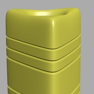 May include: A yellow, rectangular, geometric shaped container with rounded edges and four horizontal lines.