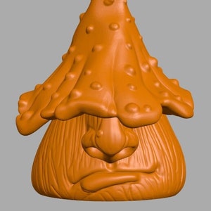 May include: Orange ceramic gnome figurine with a textured mushroom hat and a grumpy facial expression.