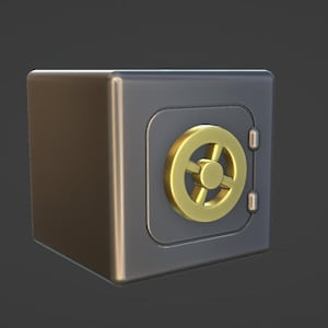 May include: A dark gray metal safe with a smooth, matte finish. The front features a circular, gold-colored locking wheel mechanism centered on the door. The safe has a square, box-like structure with visible hinges on the right side of the door.