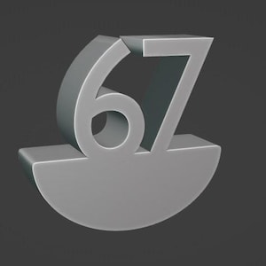 May include: A gray, three-dimensional rendering of the number 67. The numbers are connected and rest on a curved base. The background is a solid, dark gray.