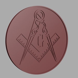 May include: A brown, circular, metal emblem with a compass and square design. The compass and square are in the center of the emblem and are surrounded by a circle.