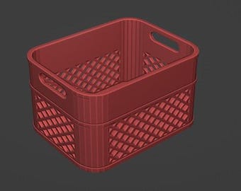 May include: A red plastic storage basket with a grid pattern. The basket has a handle on the top and is empty.