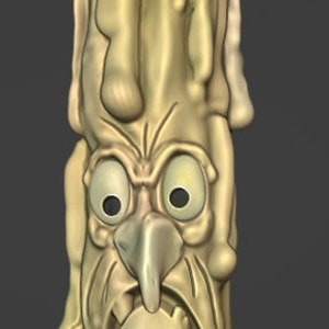May include: A 3D printed candle sculpture with a dripping wax design. The candle is shaped like a face with large eyes, a long nose, and a wide mouth. The candle is a light brown colour.
