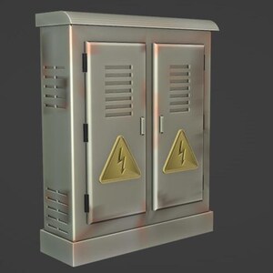 May include: A metallic gray electrical utility cabinet featuring two doors with horizontal ventilation slats. Each door displays a prominent gold-colored triangular warning sign with a black lightning bolt symbol, indicating high voltage.