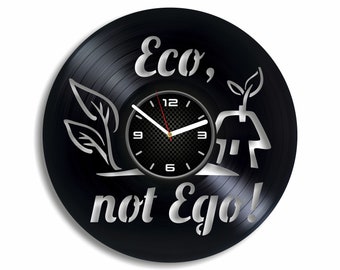 Eco Not Ego Vinyl Record Clock, Cadeau pour ami, Art mural environnemental, Décorations du Jour de la Terre, Décoration intérieure pour salon, Cadeaux écologiques