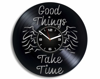 Good Things Take Time Reloj con disco de vinilo, decoración de oficina para mujeres, citas inspiradoras, arte de pared, decoraciones para el hogar, regalo de cumpleaños para ella