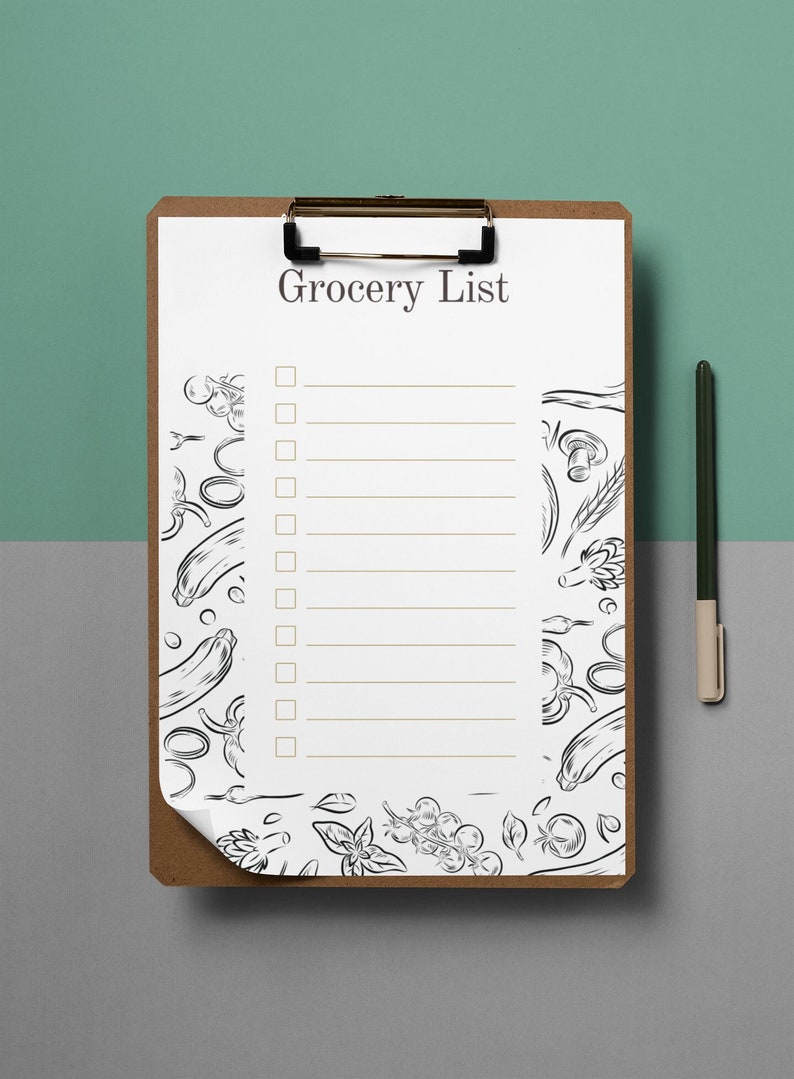 May include: A white grocery list on a brown clipboard with a black clip. The list has a title that says "Grocery List" and has 10 blank lines with checkboxes next to each line. The clipboard is decorated with black and white drawings of vegetables and herbs.