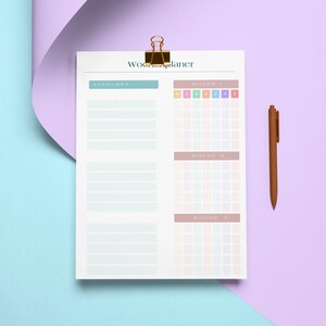 以下が含まれることがあります： 薄い青と緑のカラーリングの印刷可能な週間プランナー。プランナーにはタスクのセクションとスケジューリング用のグリッドがあります。プランナーには「Woche 1」、「Woche 2」、「Woche 3」のテキストが表示されています。