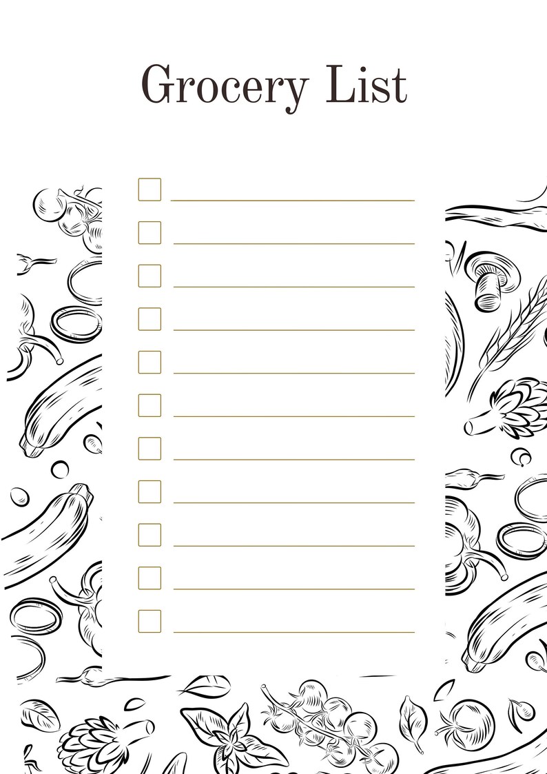 May include: A black and white grocery list with a checklist and a border of hand-drawn vegetables and herbs. The text "Grocery List" is at the top of the page.
