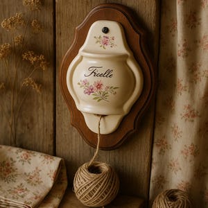 Puede incluir: Un dispensador de pared de cerámica con un diseño floral y la palabra "Ficelle" escrita en él. El dispensador tiene una cuerda atada a él y una bola de hilo está sentada en un estante de madera debajo de él.