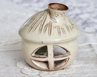 Vintage enameled ceramic house-shaped tealight holder - Antique French decoration - Ceramics - Cottage core