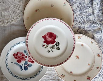 フランスアンティーク　プレート4枚セット ヴィンテージの青と白の陶器製ディナープレート4枚 - Lot Provence