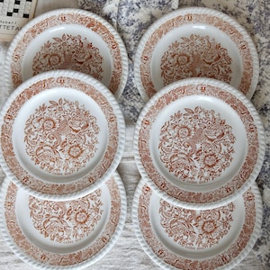 May include: Six white ceramic plates with a brown floral design. Each plate has a decorative rope-like border and a detailed floral pattern in the center. The plates are arranged on a patterned fabric.