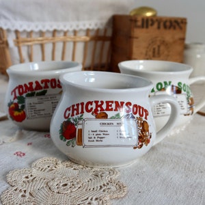 Three Retro Soup Bowls with Recipe - Tableware - Porcelain - Cottage core - Shabby chic - Tableware - French vintage tableware