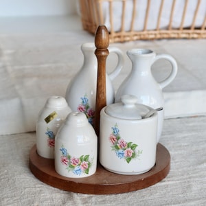 Porcelain & Wood Condiment Set - Floral Pattern - Antique French Tableware - Cottage Core Style - Kitchen Accessory